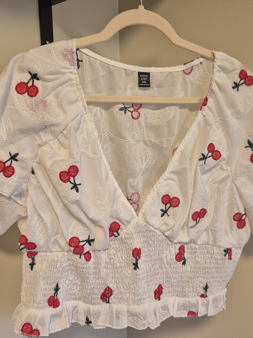 Shein White Cherry Embroidered Puff Sleeve Crop Top